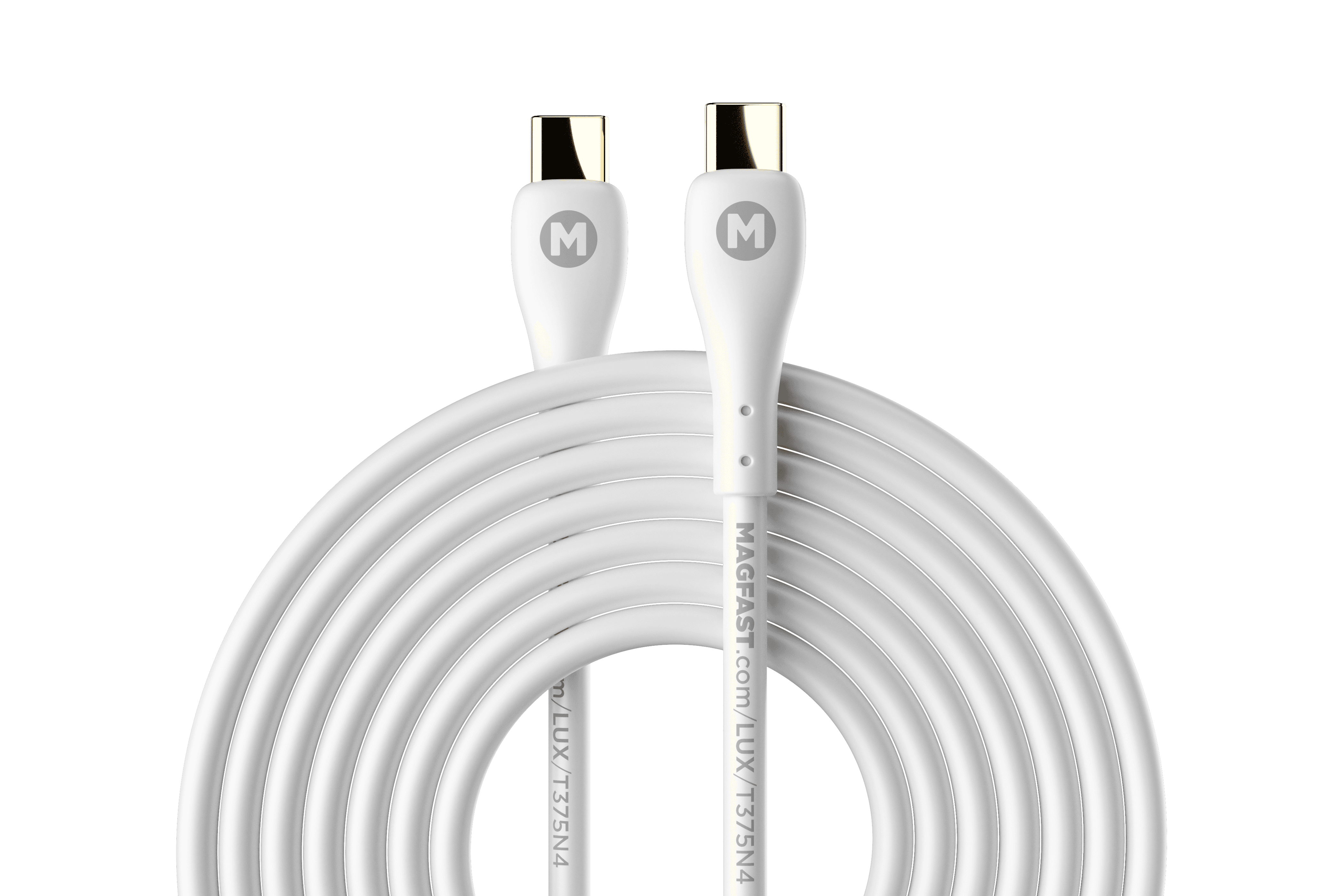 A coiled MAGFAST Lux cable. The company rates its Lux Pro model at 240 watts with 10Gbps data.